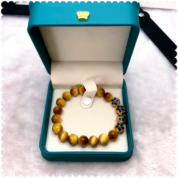 Tiger Eye Gold Grade A3+A5 10mm Cloisonné Gold Plated Charm Bracelet - Picture 6 of 11